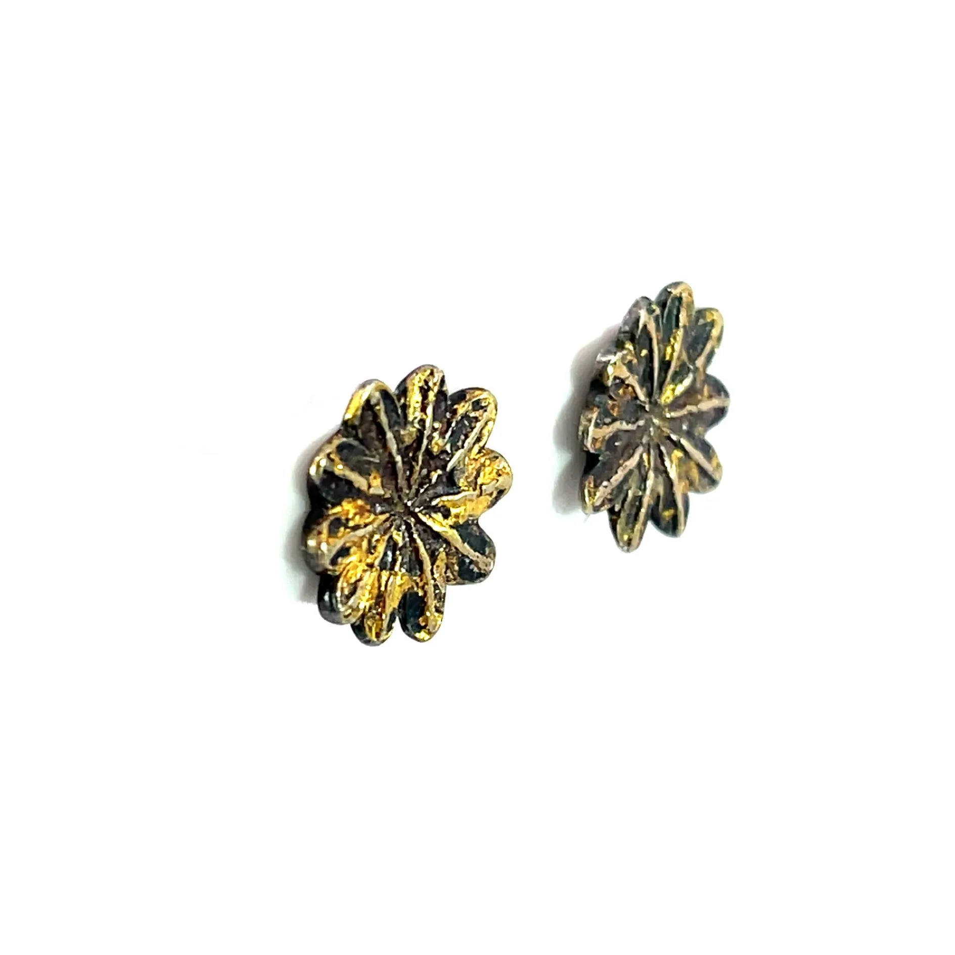 Oxidized Sterling Silver Flower Studs with 23k Gold Leaf