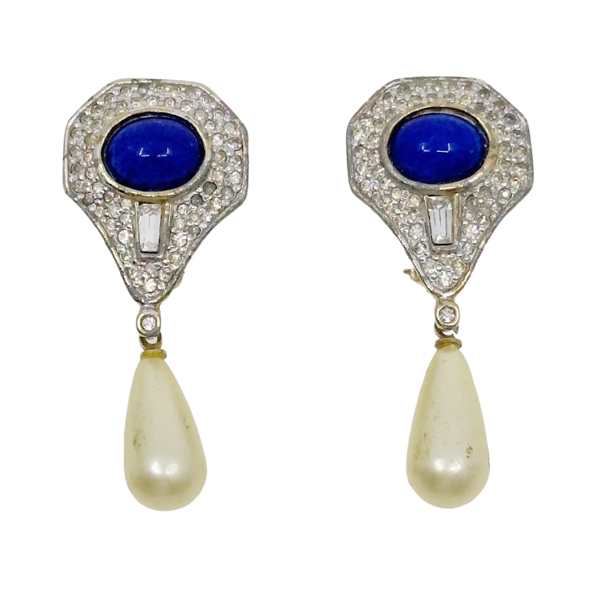 Panneta Gold tone lapis lazuli pearl & rhinestone clip on drop earrings