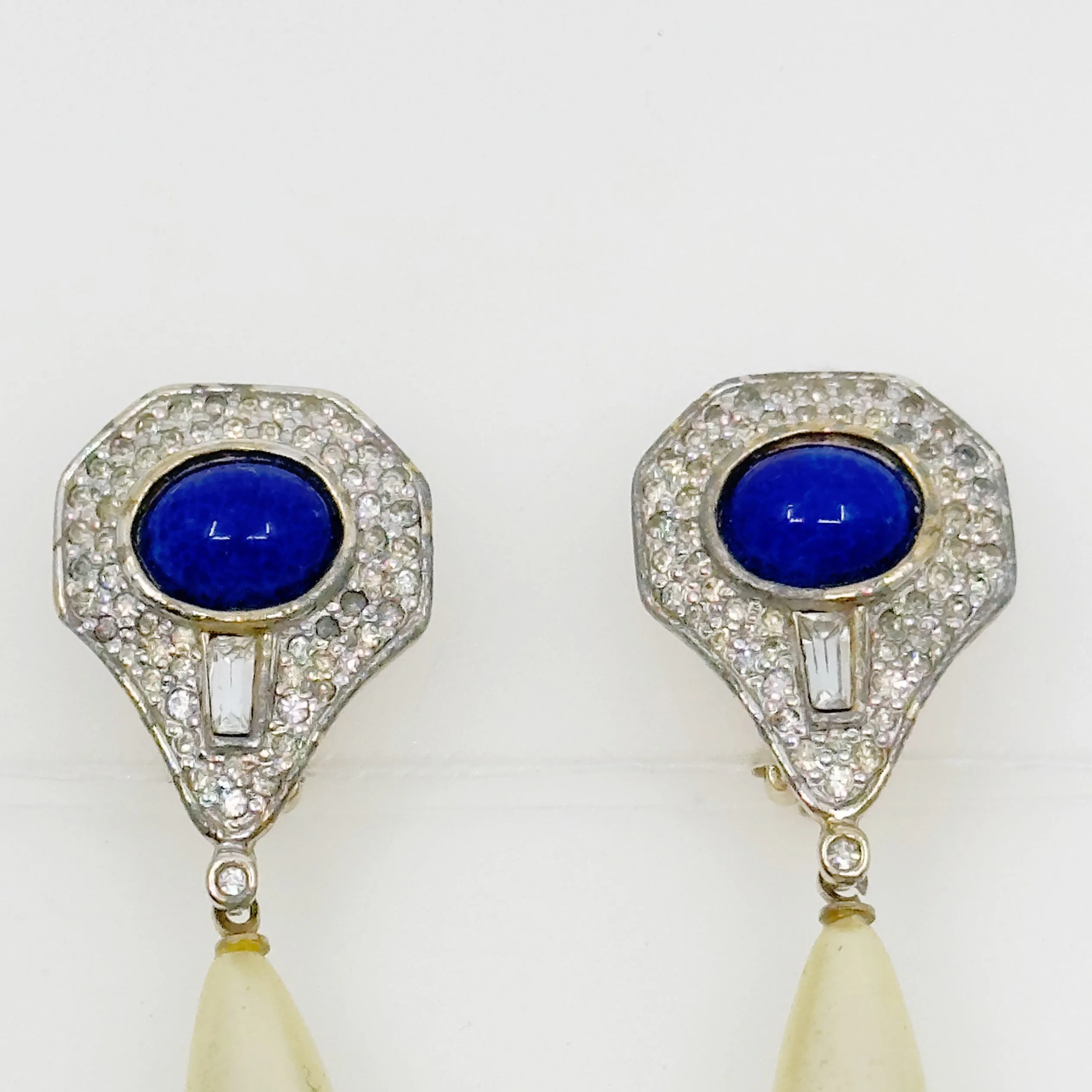 Panneta Gold tone lapis lazuli pearl & rhinestone clip on drop earrings