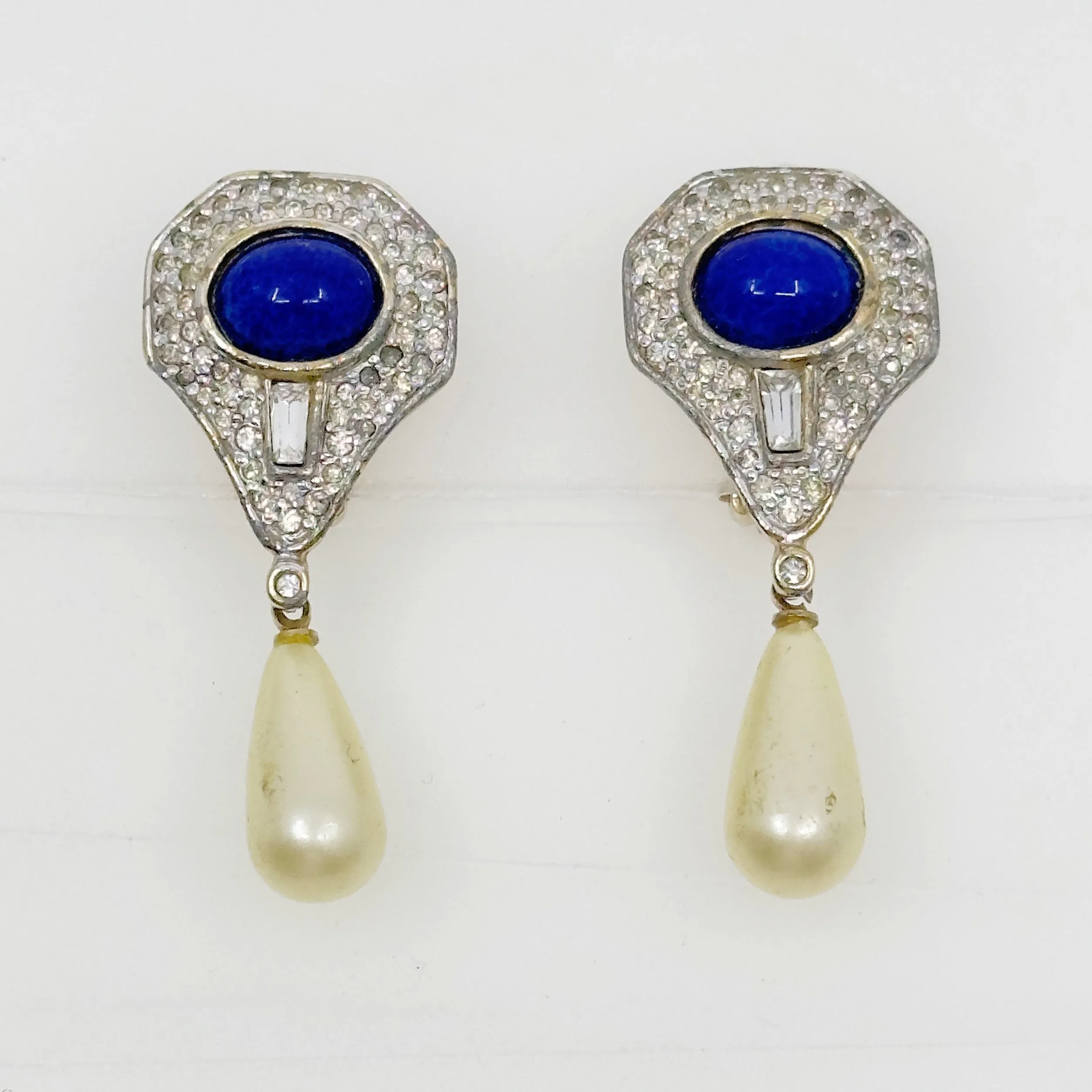 Panneta Gold tone lapis lazuli pearl & rhinestone clip on drop earrings