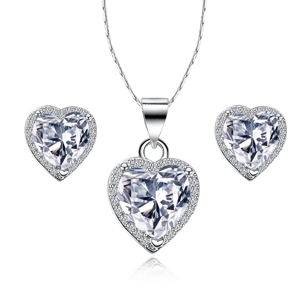 Paris Jewelry 18k White Gold Plated Heart 4 Carat Created White Sapphire Full Set Necklace, Earrings 18 Inch