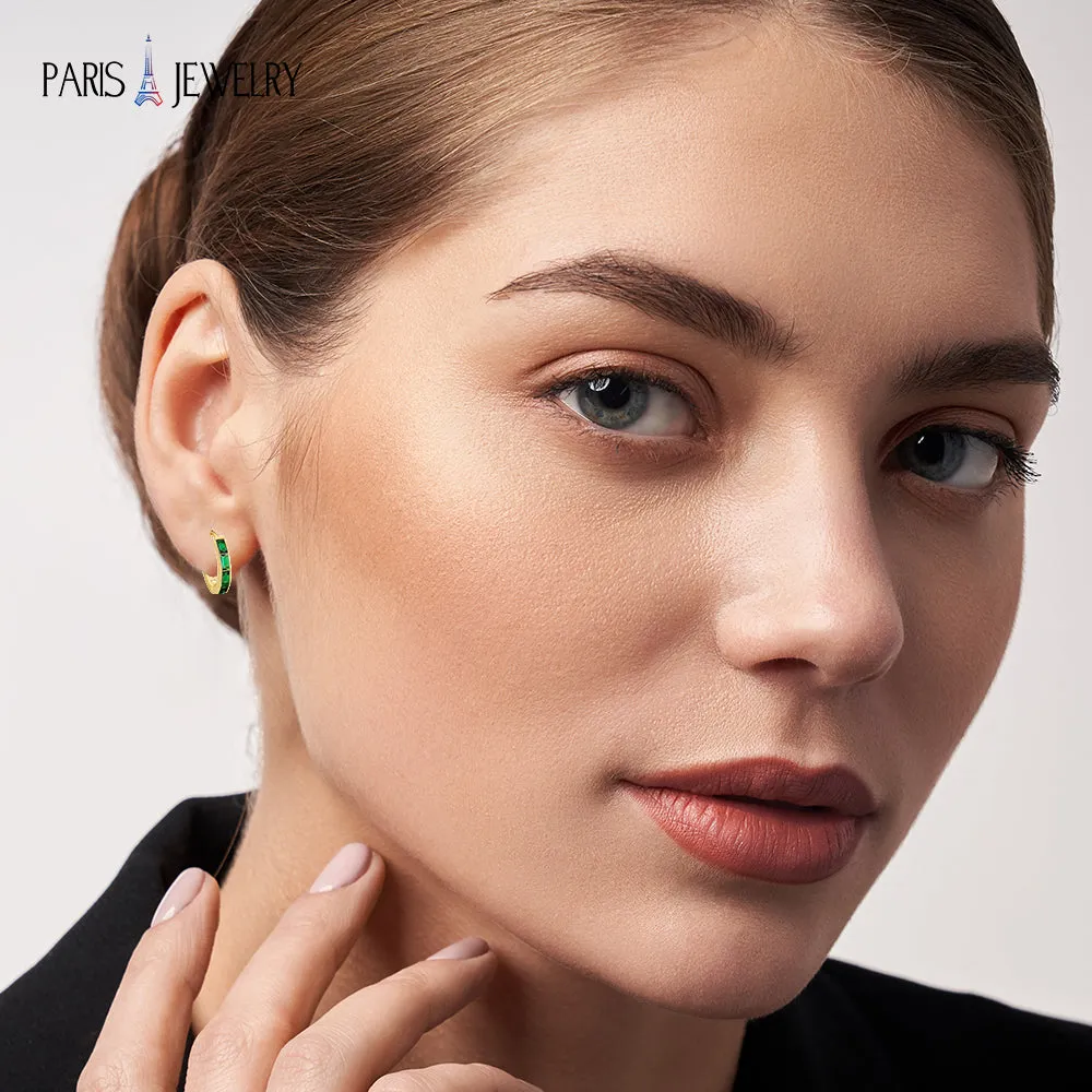 Paris Jewelry 18K Yellow Gold Created Emerald 3Ct Emerald Cut Huggie Hoop Earrings Plated