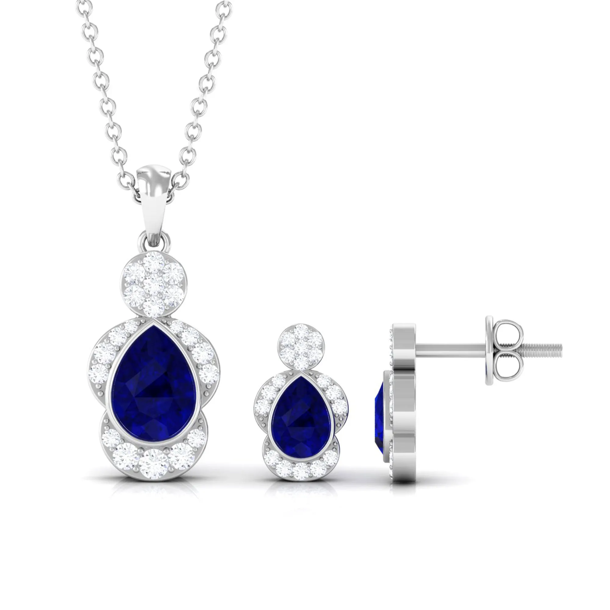 Pear Blue Sapphire and Diamond Contemporary Dangle Jewelry Set