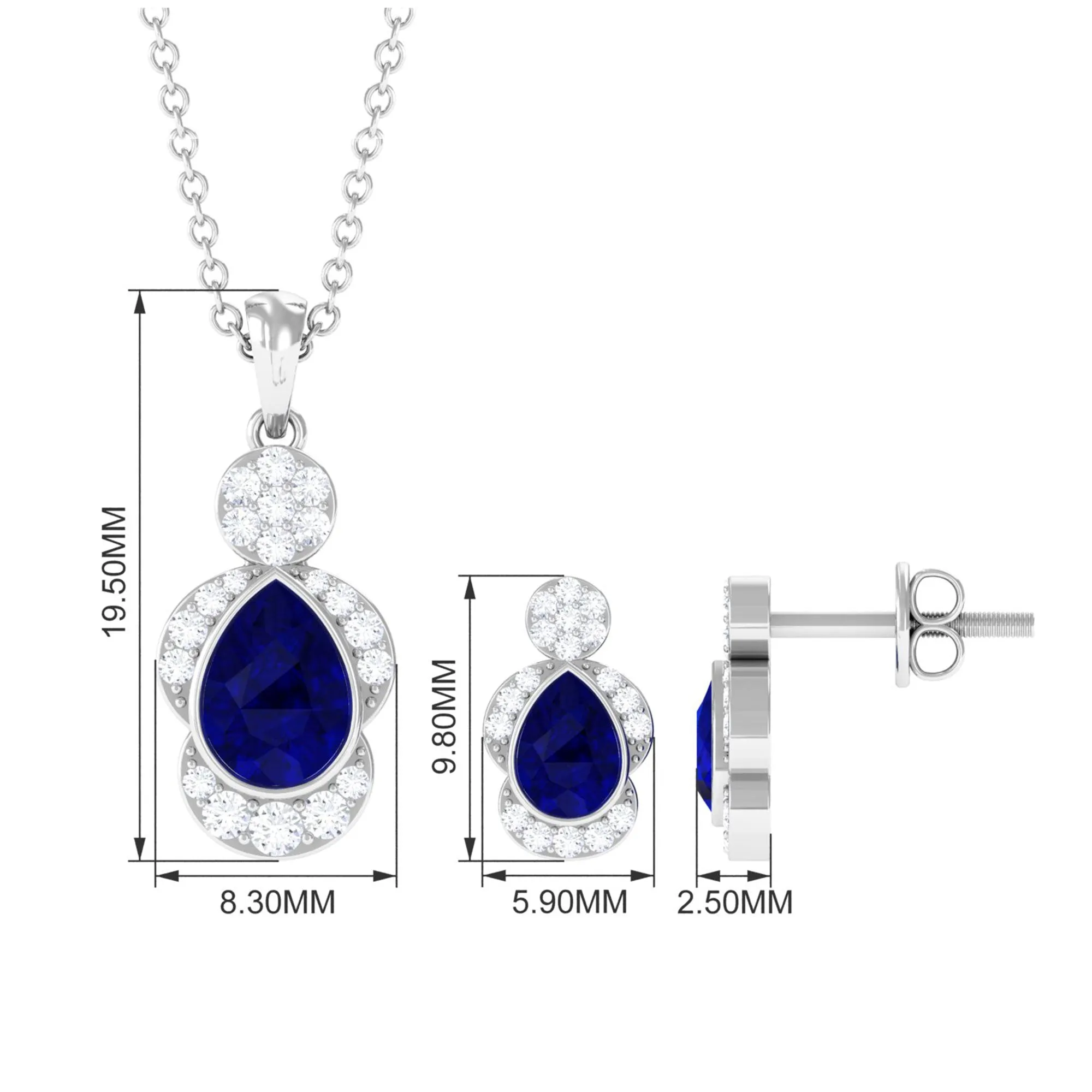 Pear Blue Sapphire and Diamond Contemporary Dangle Jewelry Set