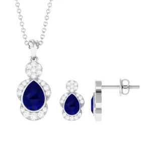 Pear Blue Sapphire and Diamond Contemporary Dangle Jewelry Set