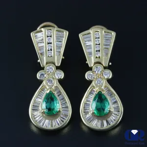 Pear Shaped Emerald & Diamond Earrings In 14K Yellow Gold With Omega Back