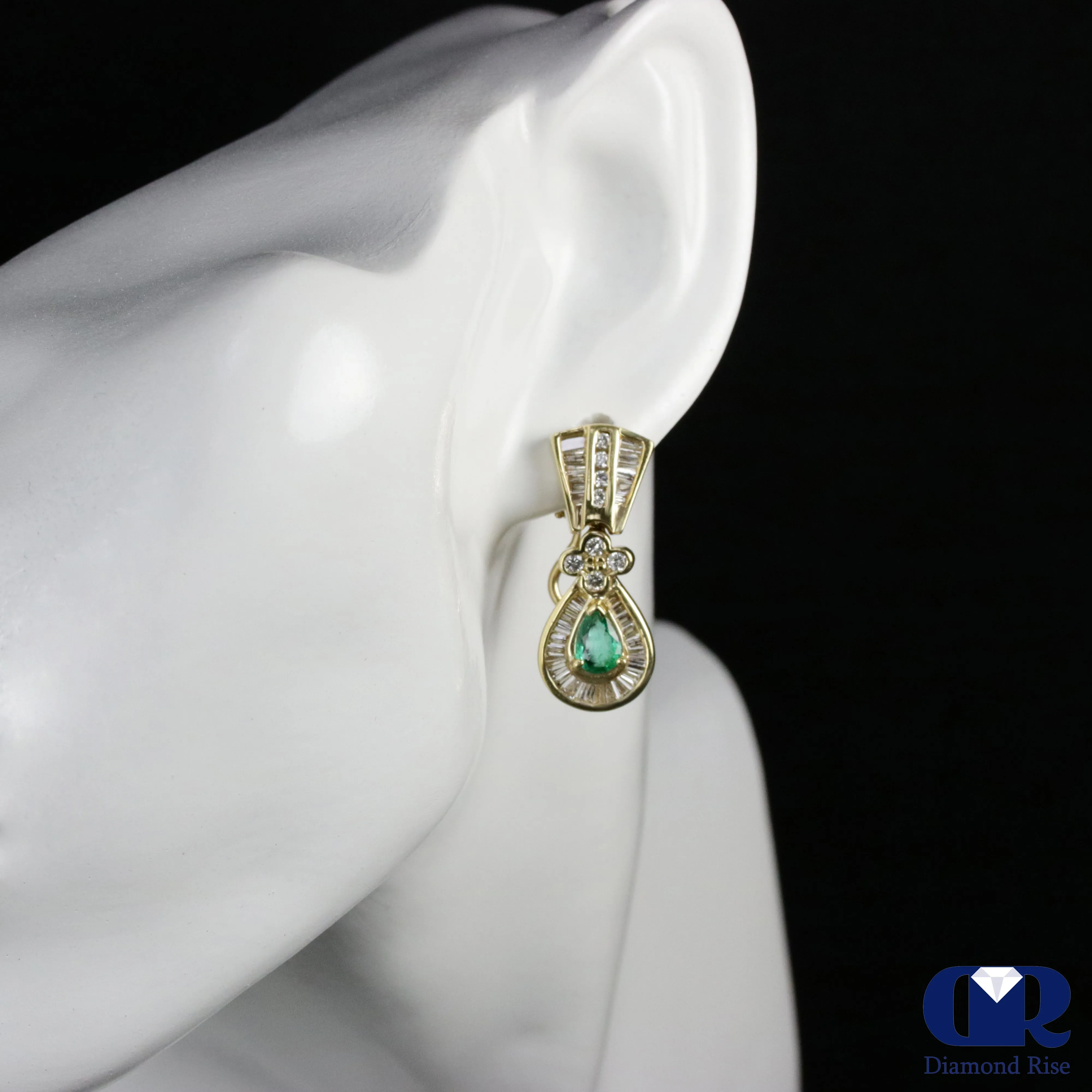 Pear Shaped Emerald & Diamond Earrings In 14K Yellow Gold With Omega Back