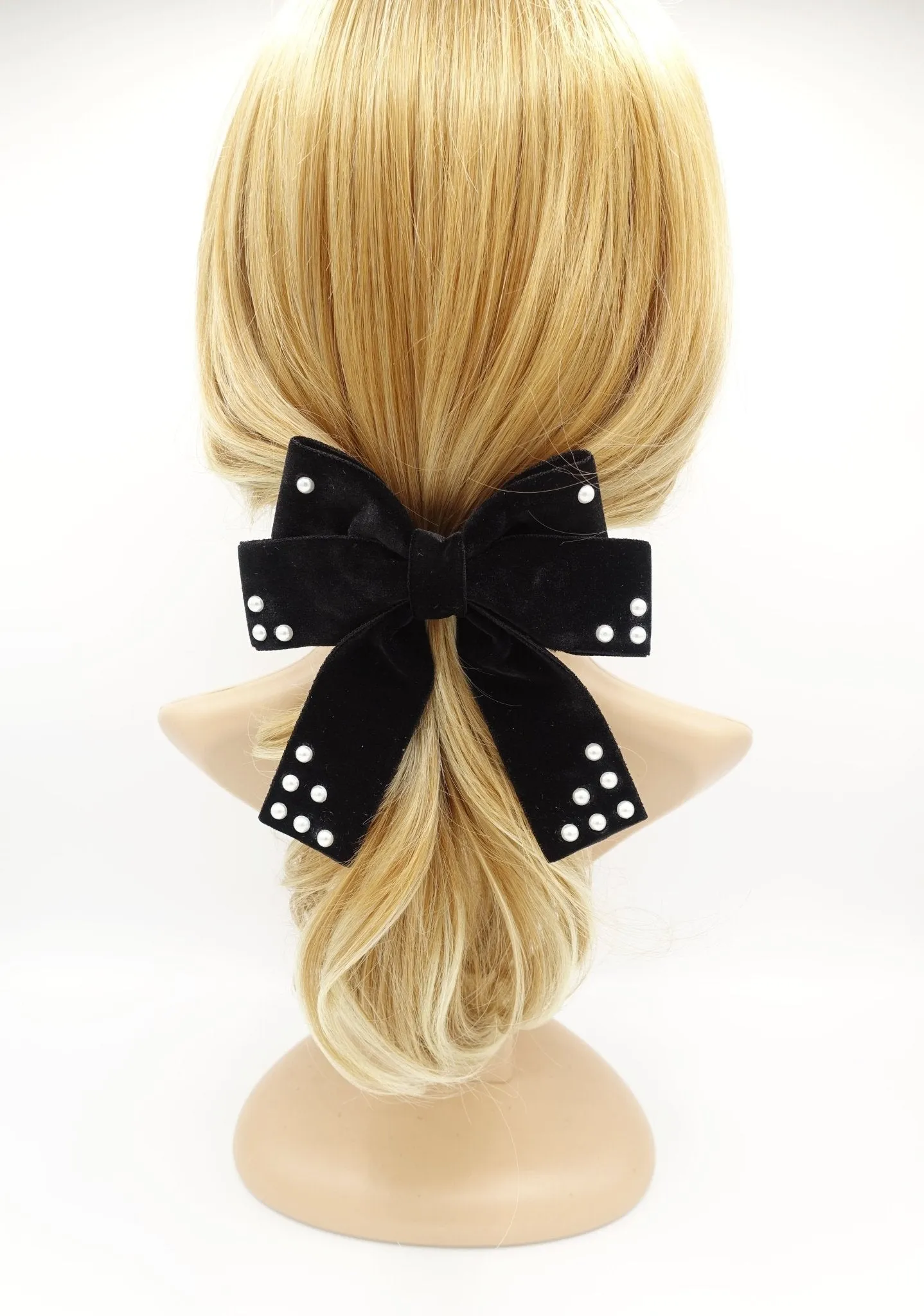 Pearl ball embellished velvet bow french barrette clip accessory for women