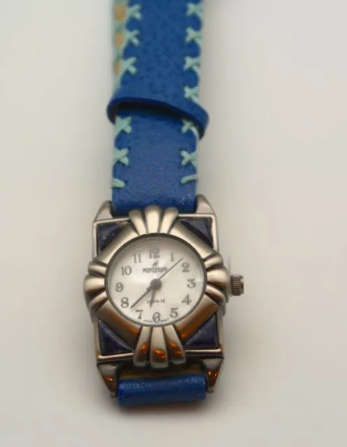 Peyote Bird Southwestern Face Watch with Lapis and Blue Overstitched Band