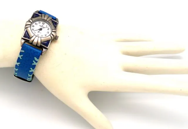 Peyote Bird Southwestern Face Watch with Lapis and Blue Overstitched Band