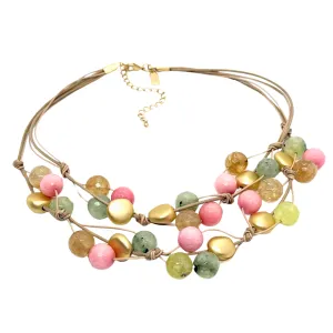 Pink Jade, Prehnite, And Citrine Quartz Two Strand Woven Necklace