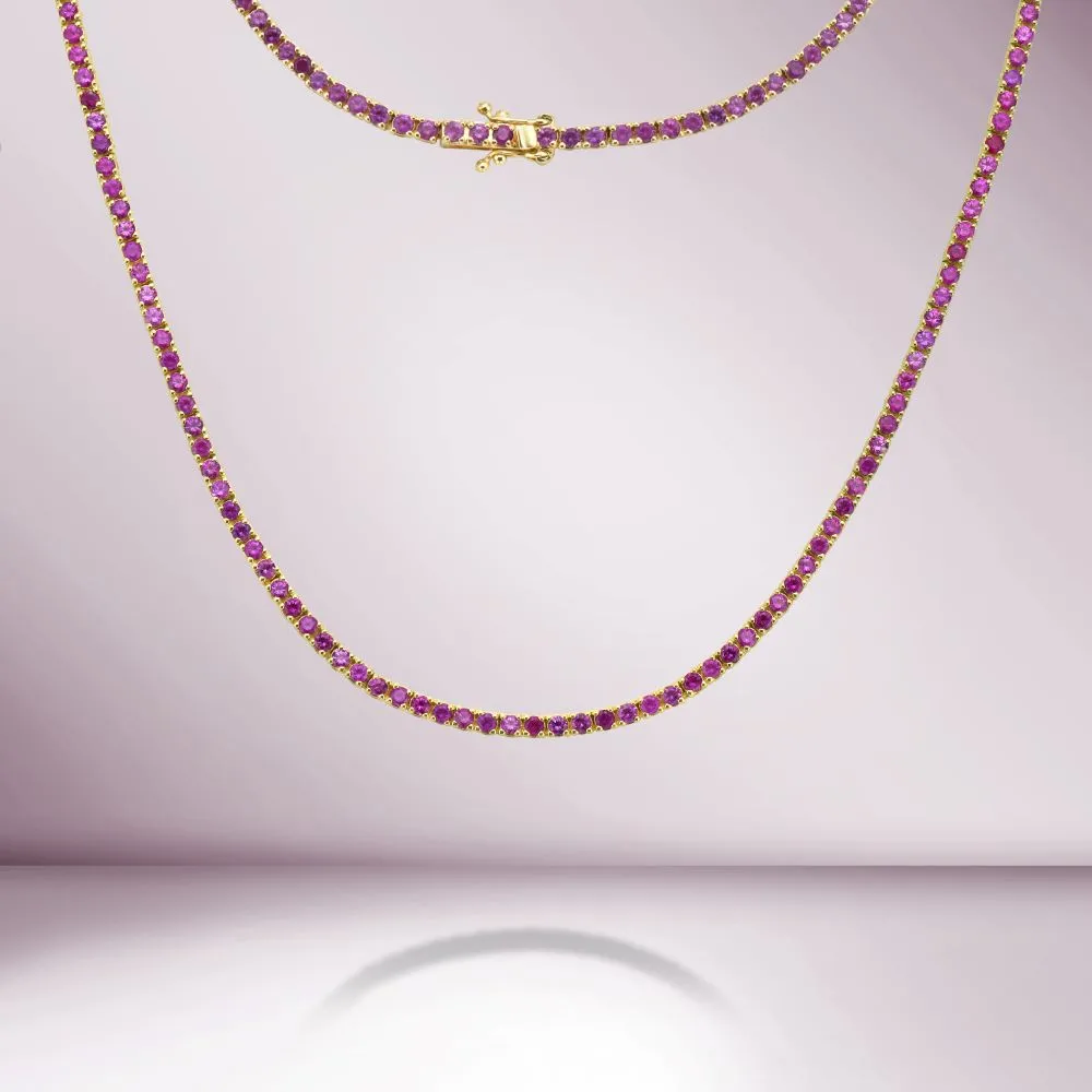 Pink Sapphire Tennis Necklace (5.50 ct.) 4-Prongs Setting in 14K Gold