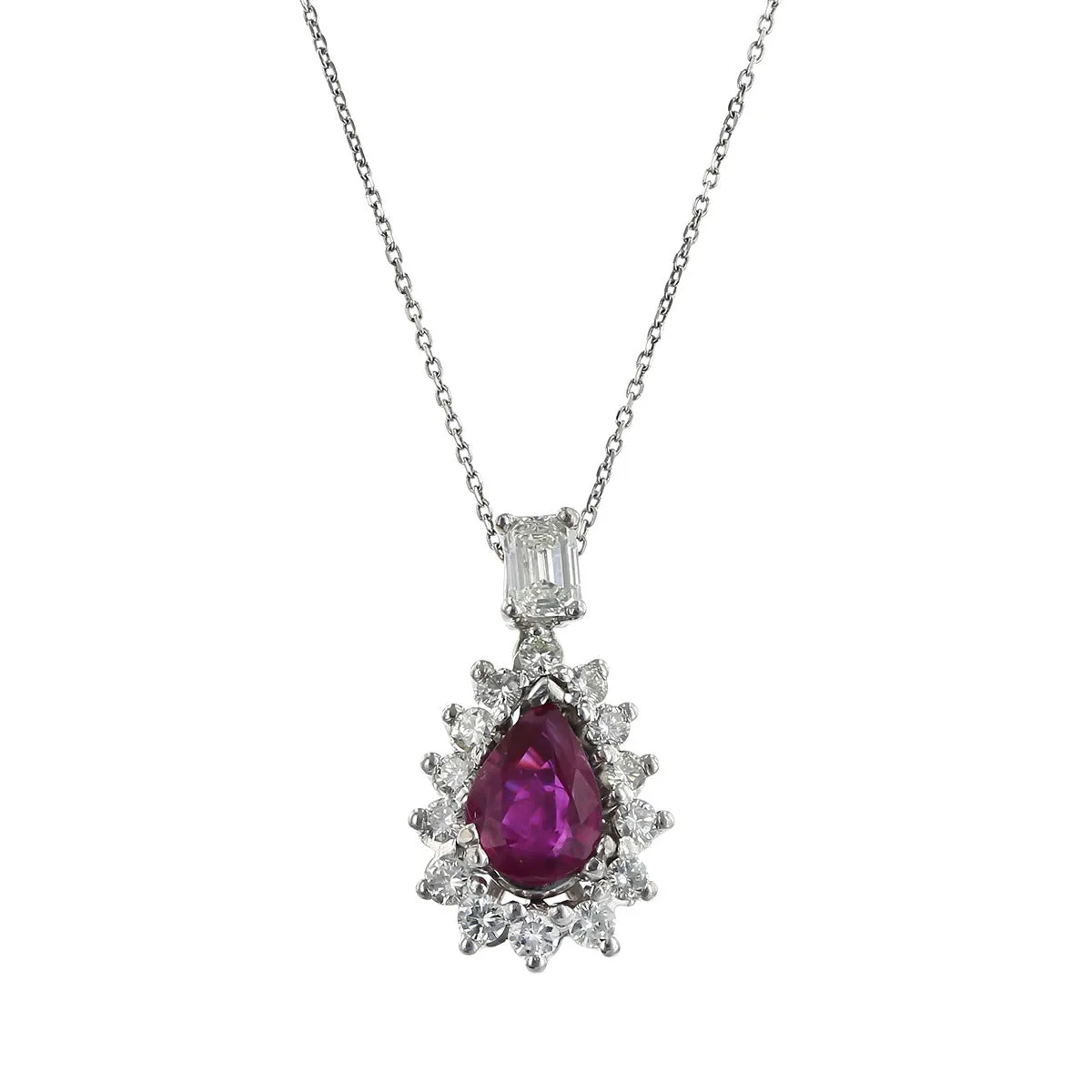 Platinum Ruby and Diamond Halo Pendant Necklace