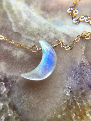 Rainbow Moonstone Crescent Moon Necklace