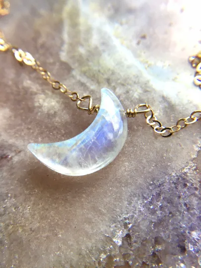 Rainbow Moonstone Crescent Moon Necklace