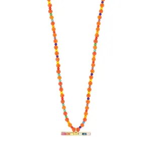 Rainbow Sapphire Baguette ID Bar on Carnelian Beaded Necklace