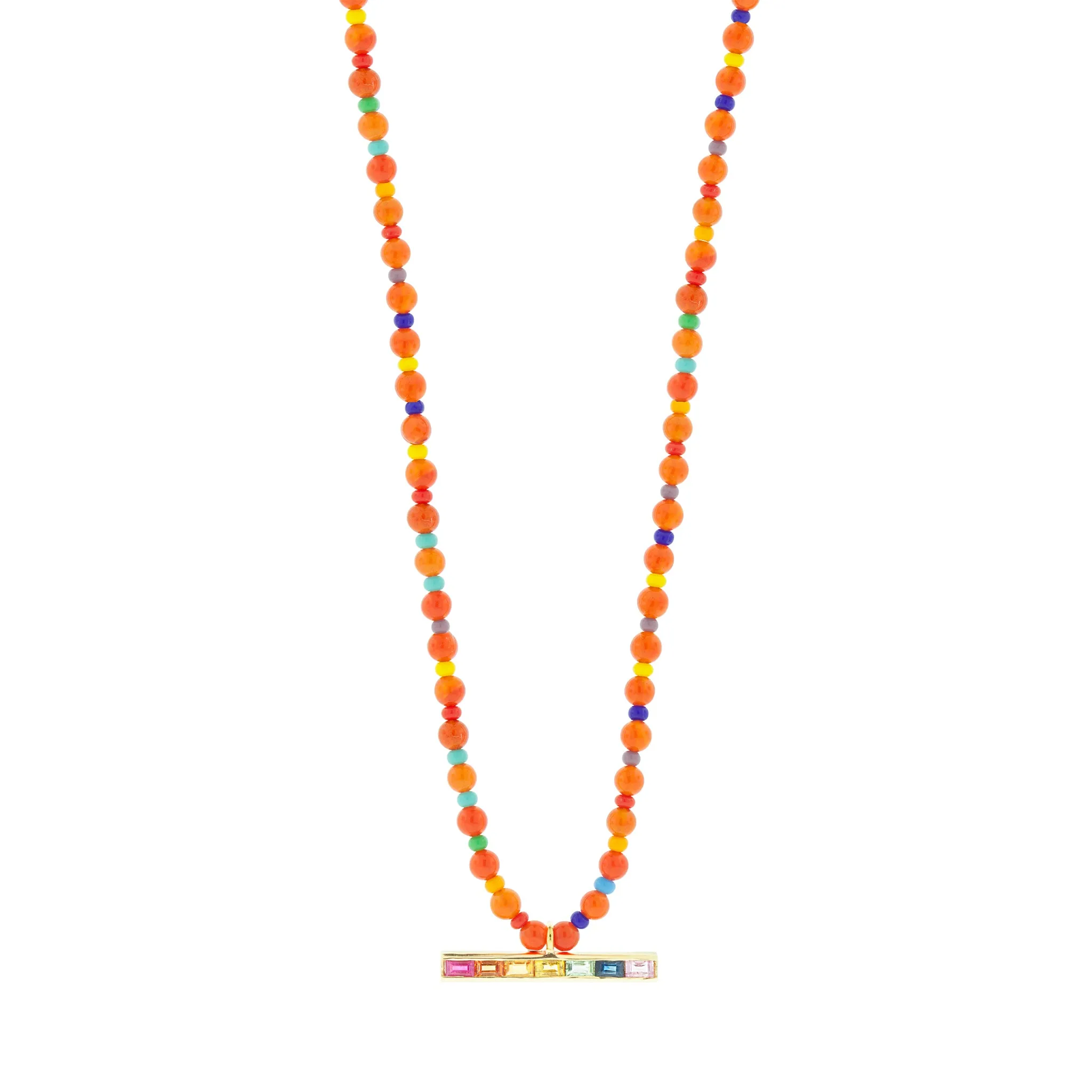 Rainbow Sapphire Baguette ID Bar on Carnelian Beaded Necklace