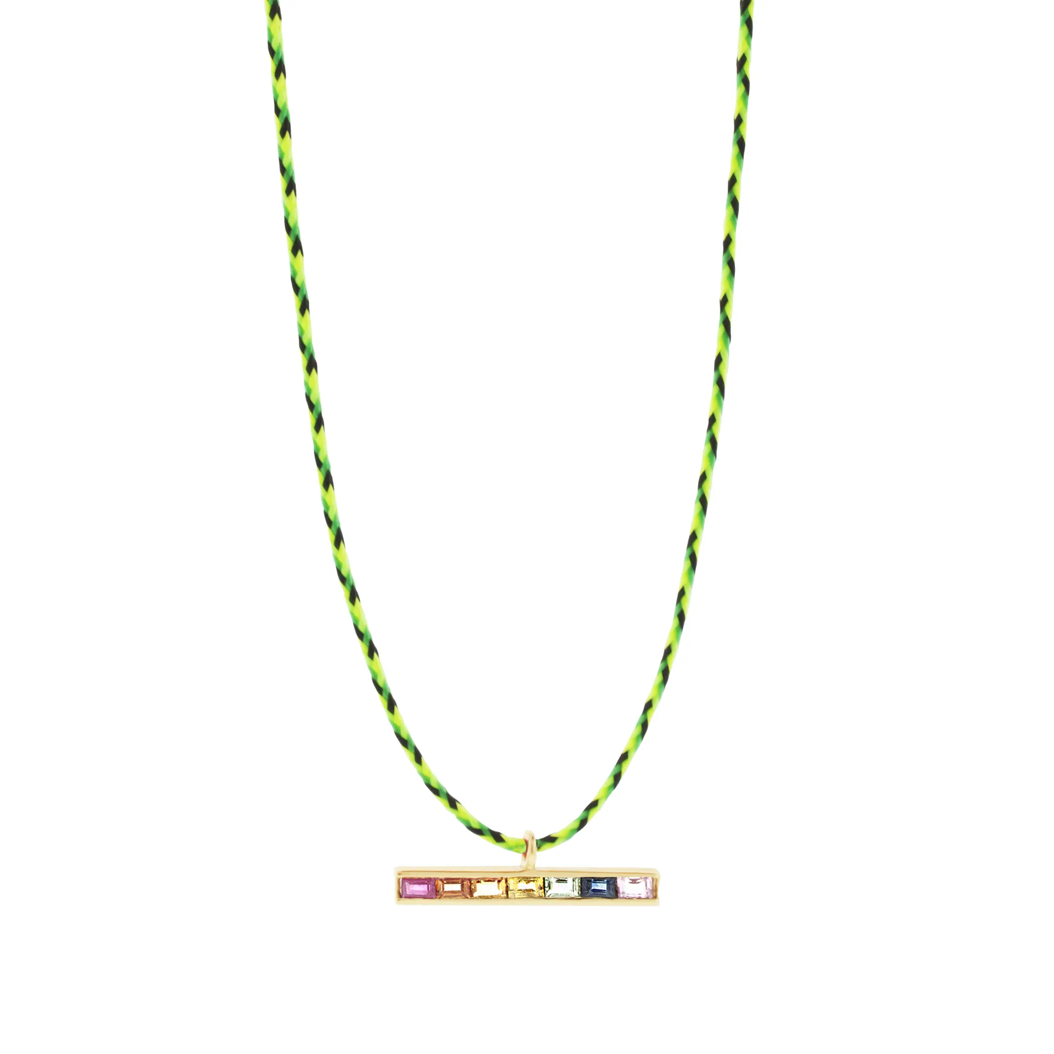 Rainbow Sapphire Baguette ID Bar on Green Cord Necklace