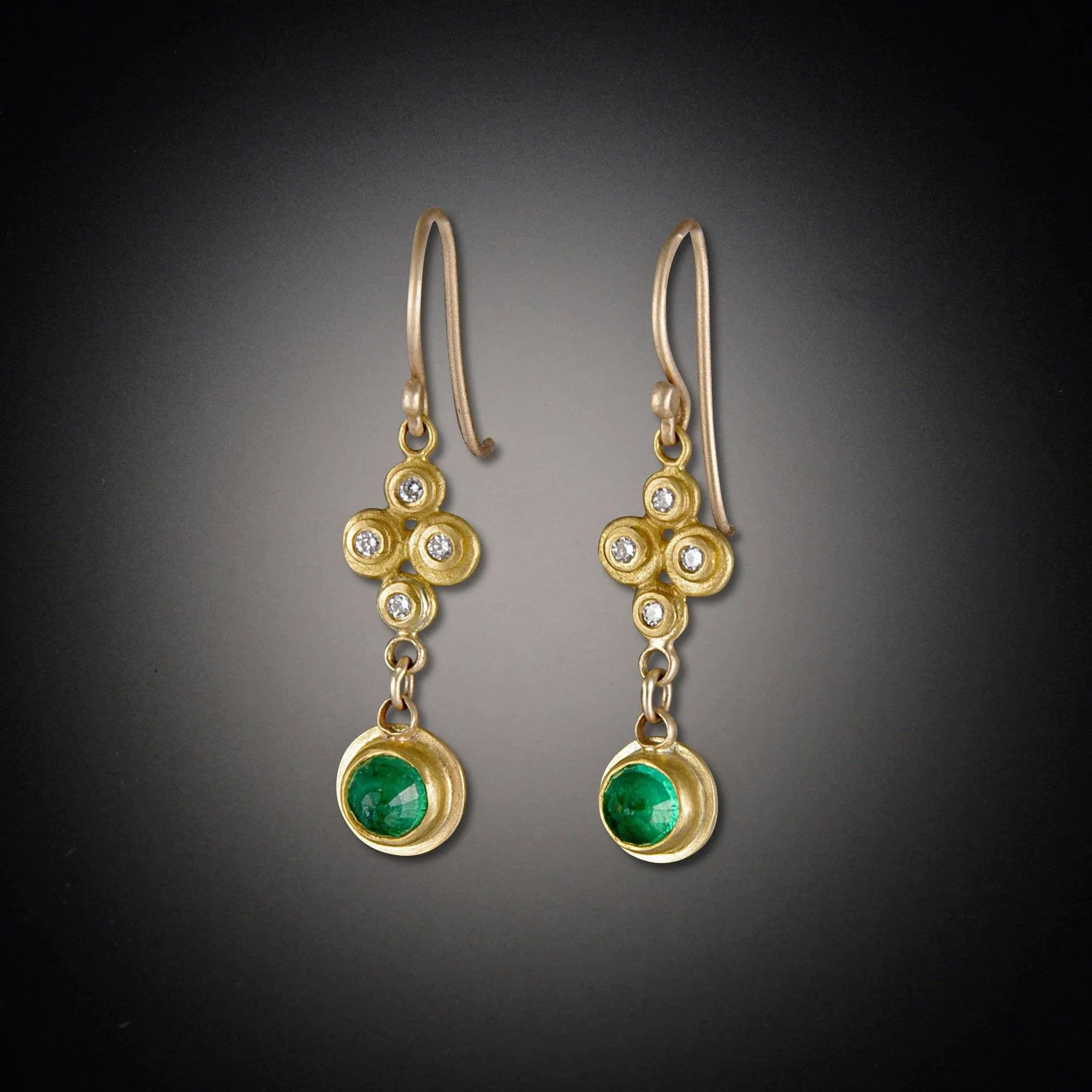 Raised Diamond Dots and Rose Cut Emerald Earrings