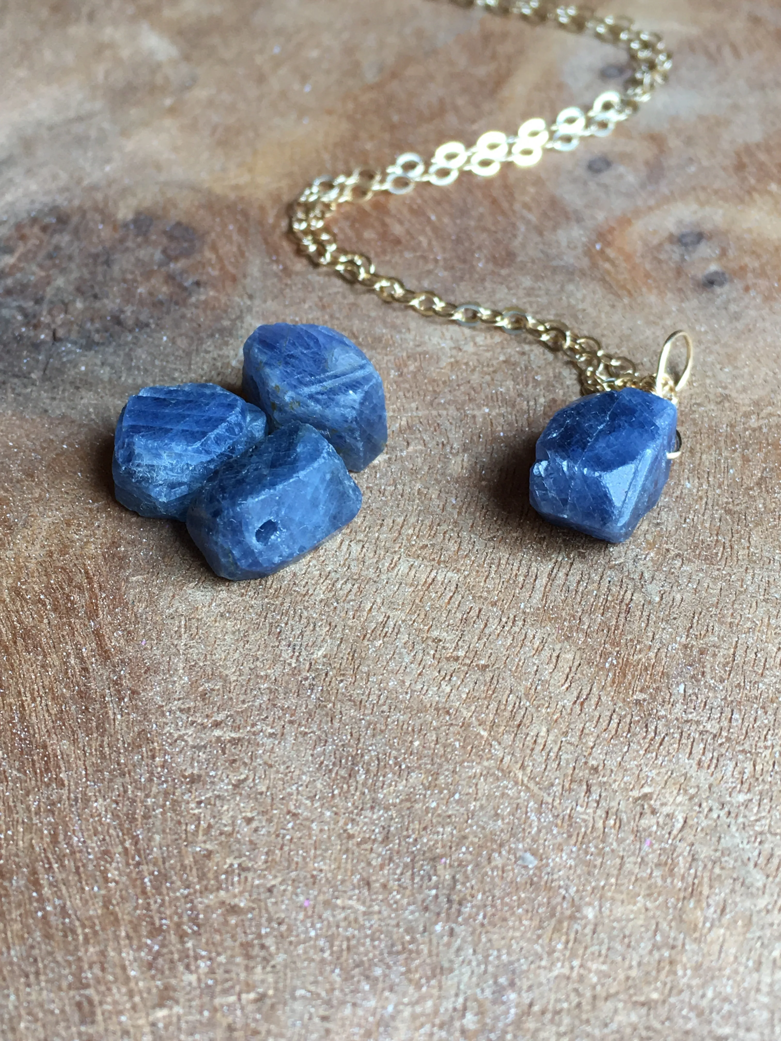 Raw Blue Sapphire Necklace Gold or Sterling Silver