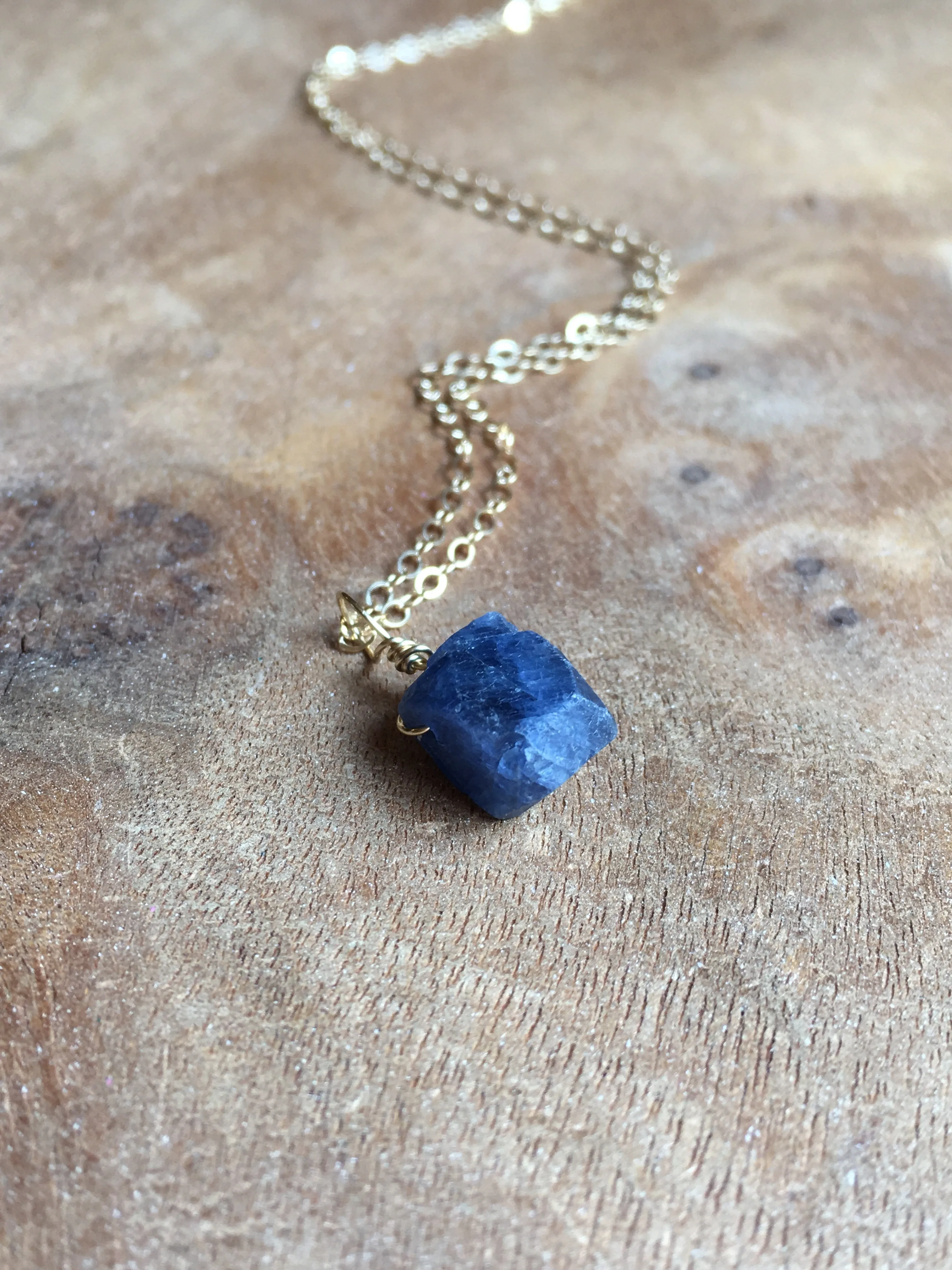 Raw Blue Sapphire Necklace Gold or Sterling Silver