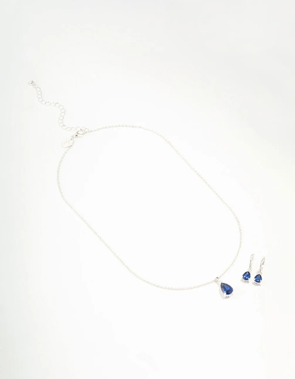 Rhodium Plated Sapphire Teardrop Necklace & Earrings Set