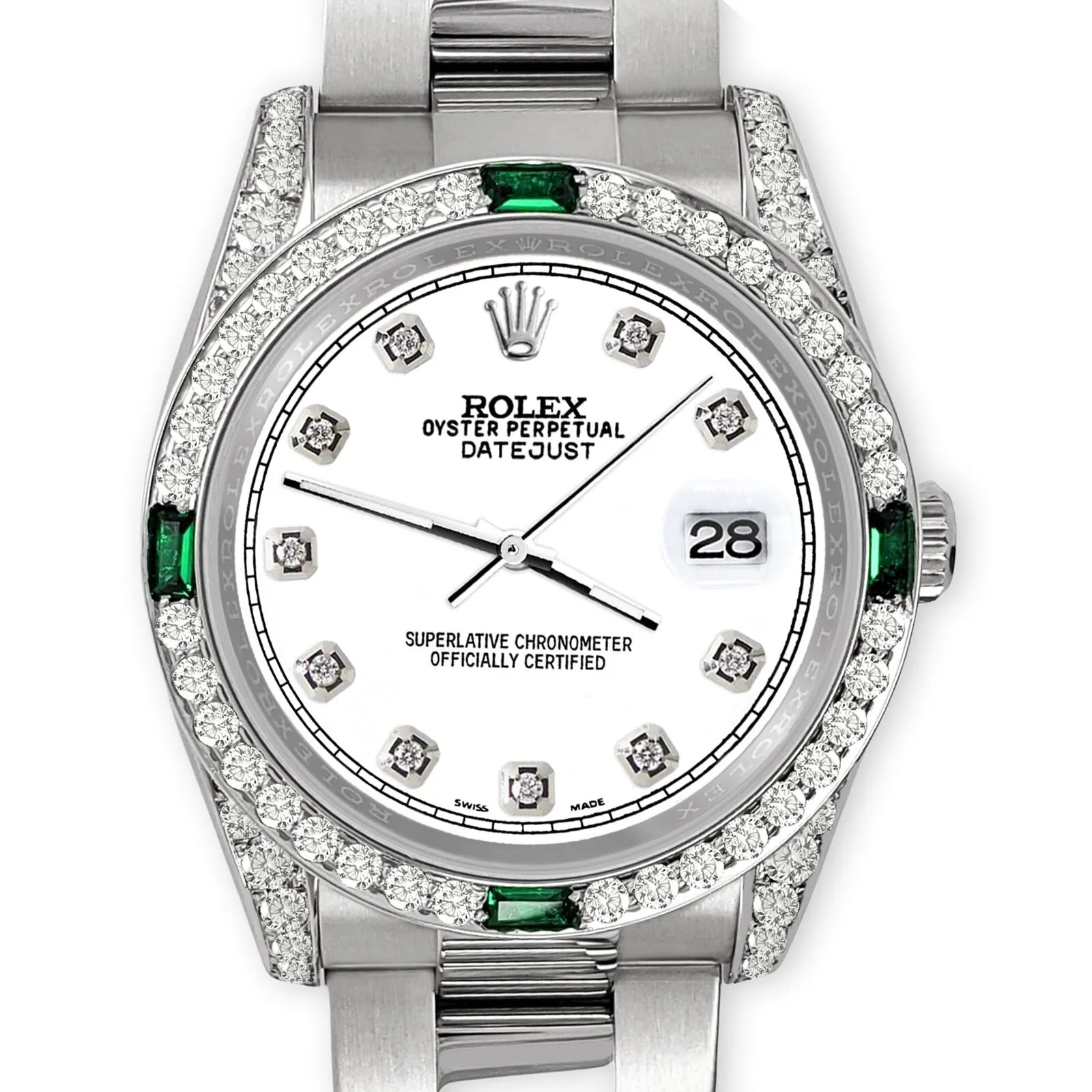 Rolex Datejust 36mm Steel Watch Diamonds &amp; Emeralds Bezel/Lugs/White Diamond Dia TFJ-142508497