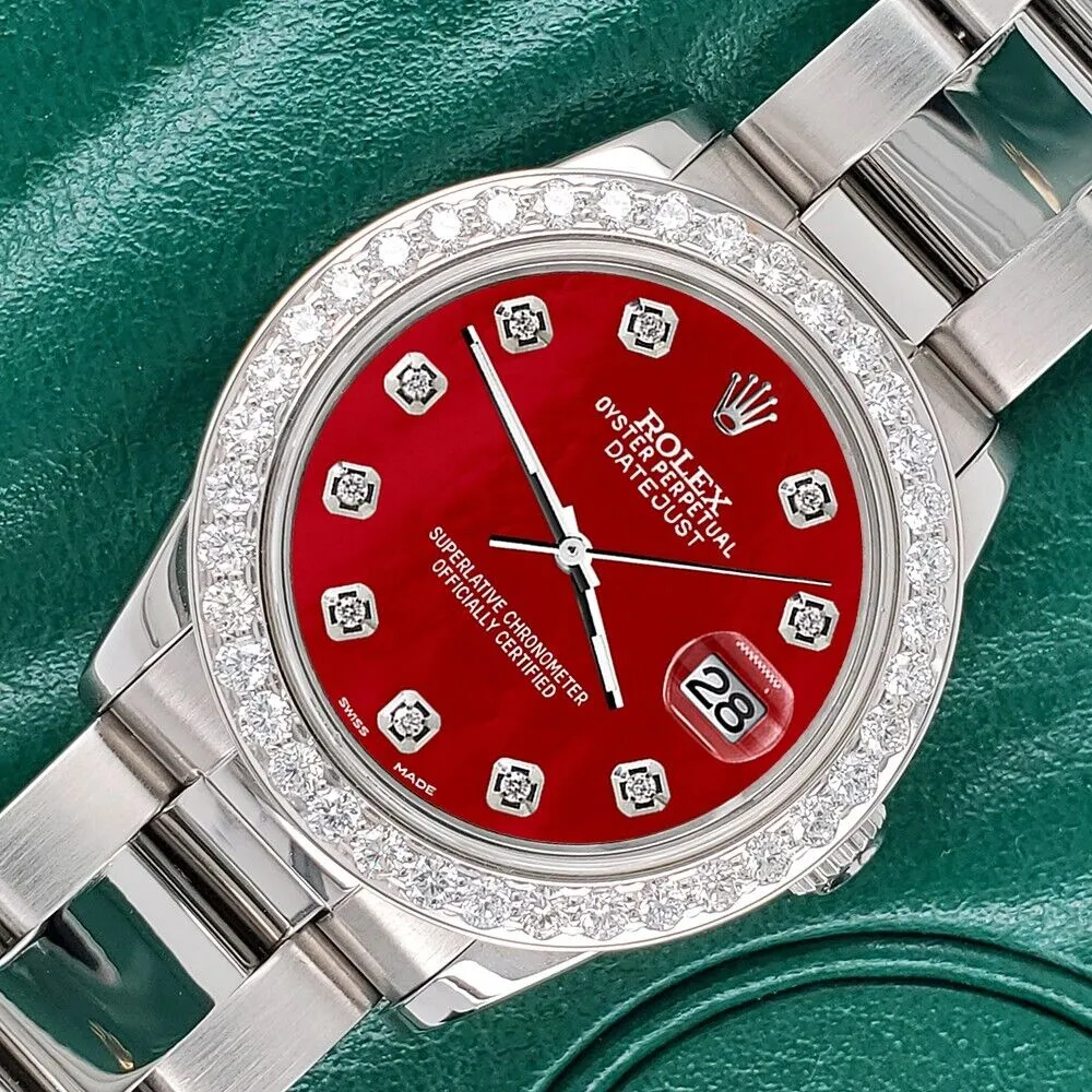 Rolex Datejust Midsize 31mm 1.52ct Bezel/Red MOP Diamond Dial Steel Oyster Watch TFJ-142507882