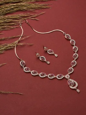 Rose Gold-Plated Ruby Ad-Studded Handcrafted Floral Jewellery Set