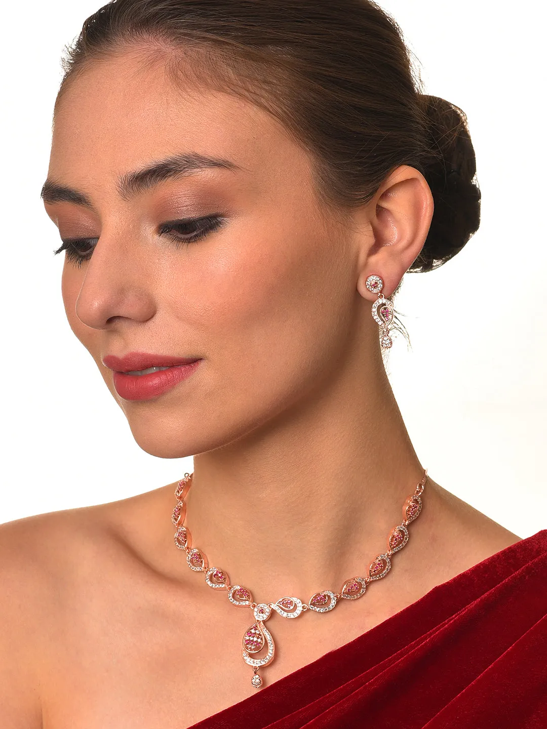 Rose Gold-Plated Ruby Ad-Studded Handcrafted Floral Jewellery Set