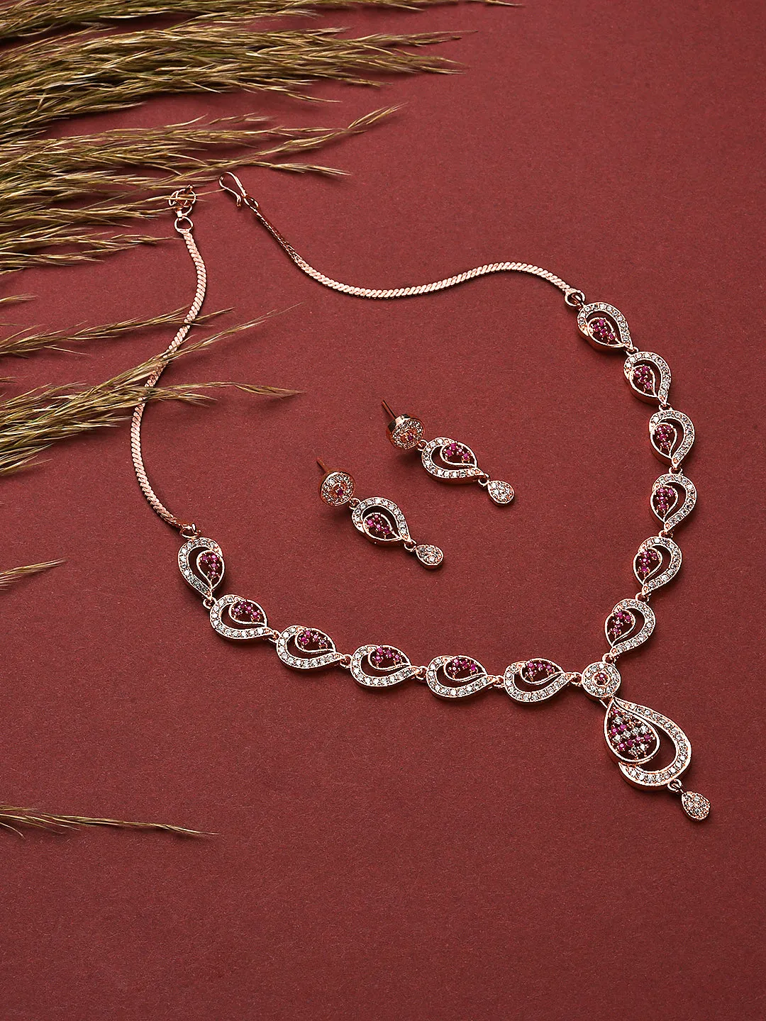 Rose Gold-Plated Ruby Ad-Studded Handcrafted Floral Jewellery Set