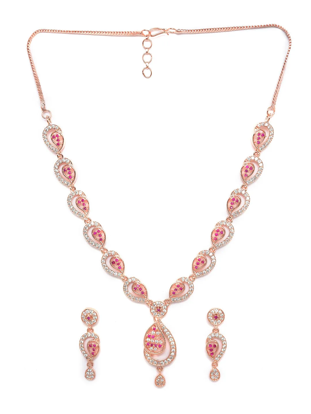 Rose Gold-Plated Ruby Ad-Studded Handcrafted Floral Jewellery Set