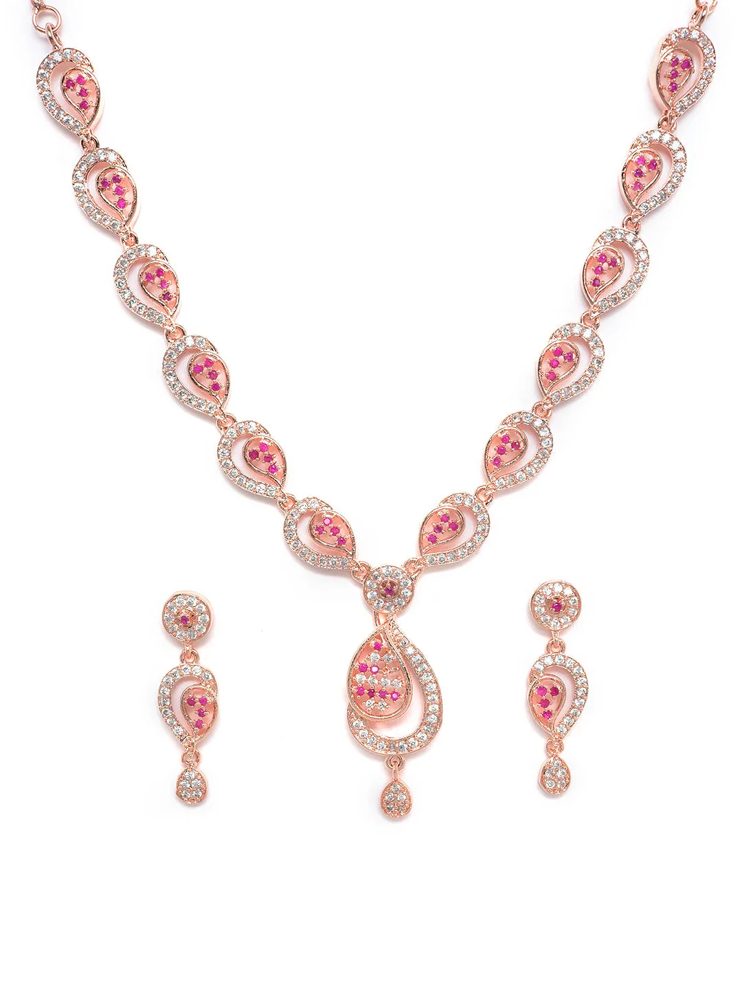 Rose Gold-Plated Ruby Ad-Studded Handcrafted Floral Jewellery Set