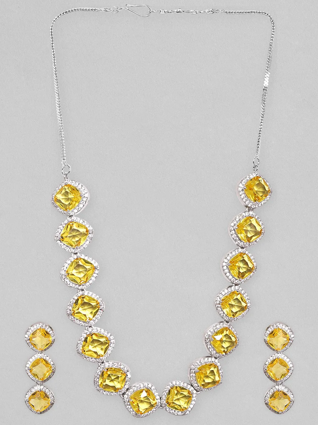 Rubans Rhodium Plated Premium White & Citrine solitaire Zircons Necklace Set