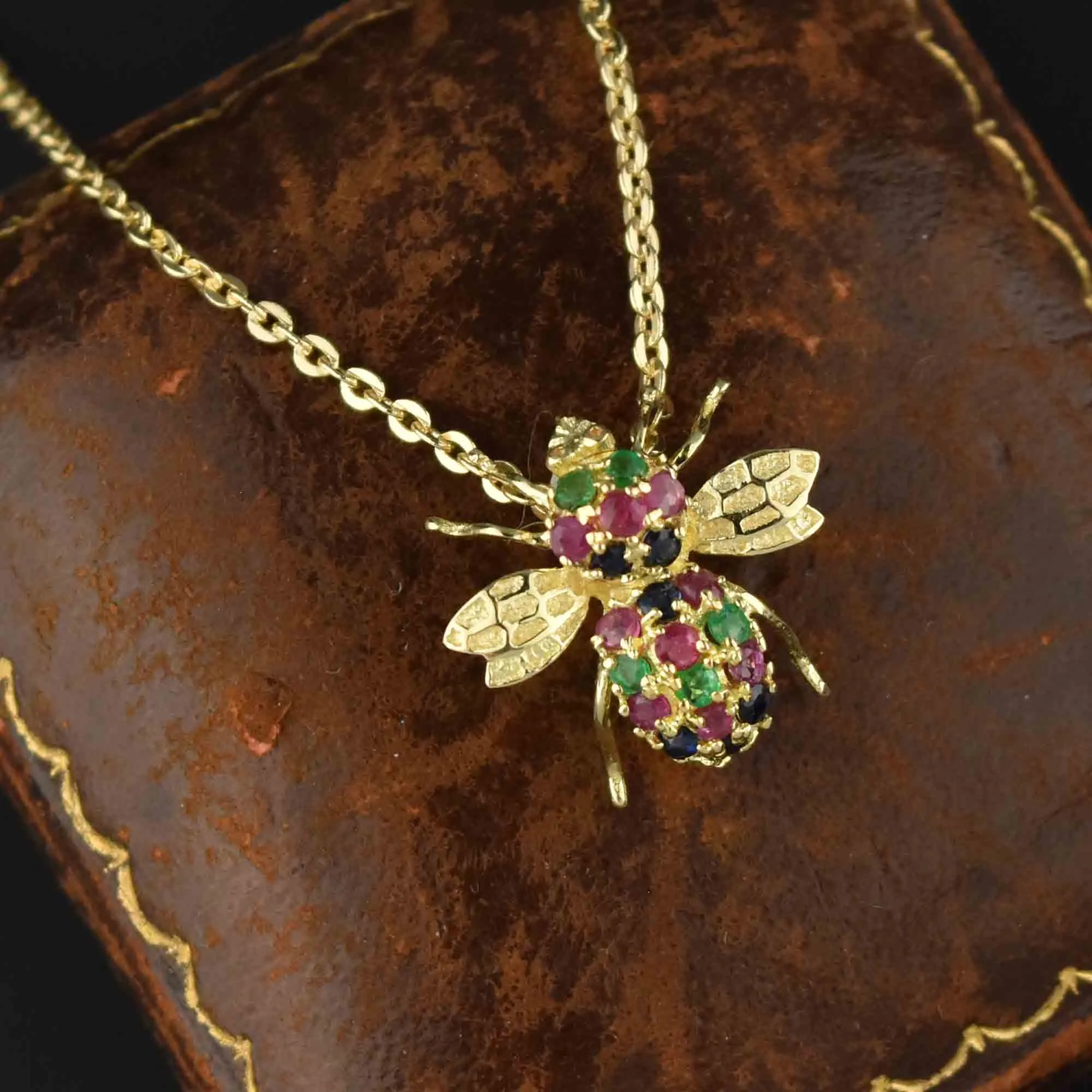 Ruby Sapphire Emerald Bumble Bee Brooch Pendant in 14K Gold