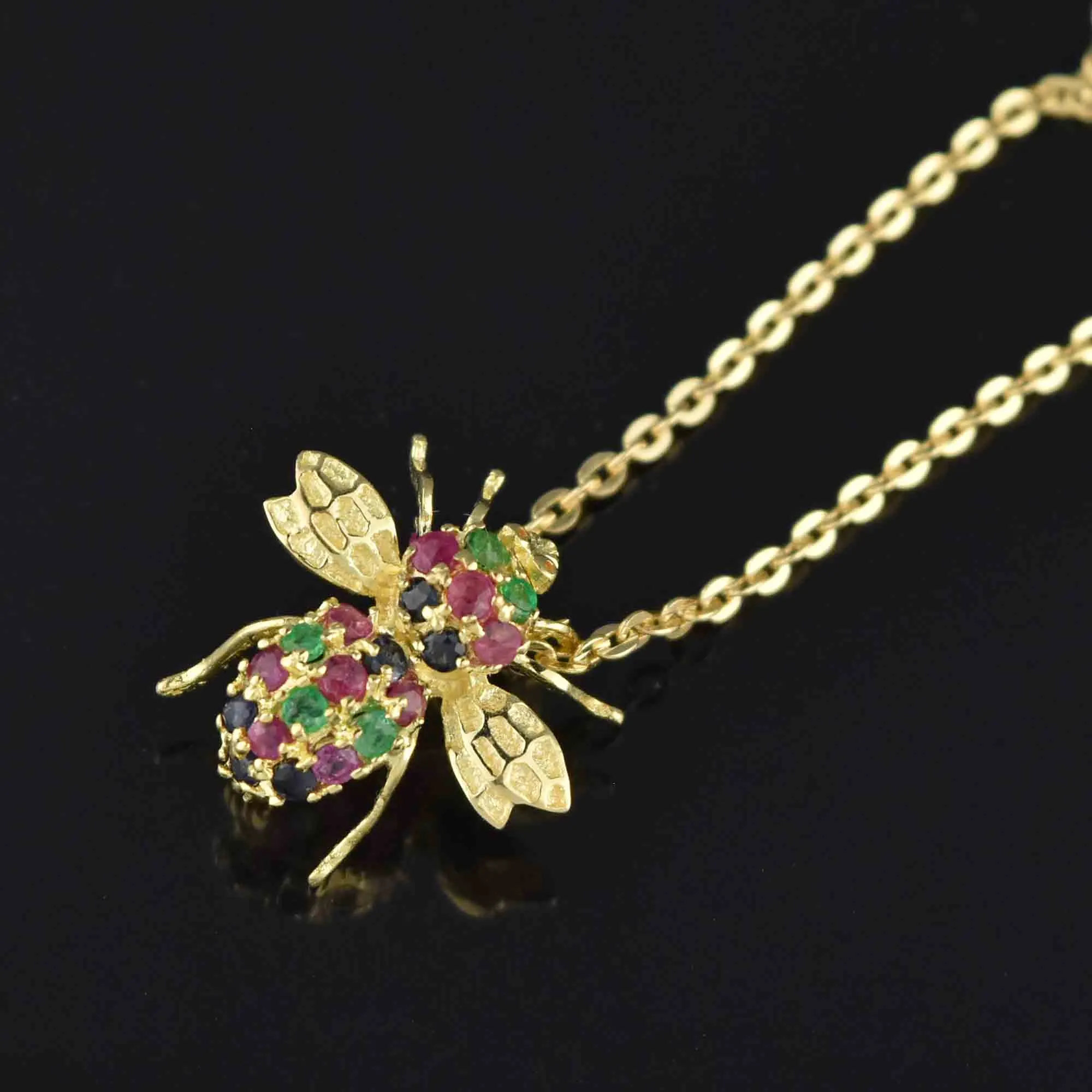 Ruby Sapphire Emerald Bumble Bee Brooch Pendant in 14K Gold