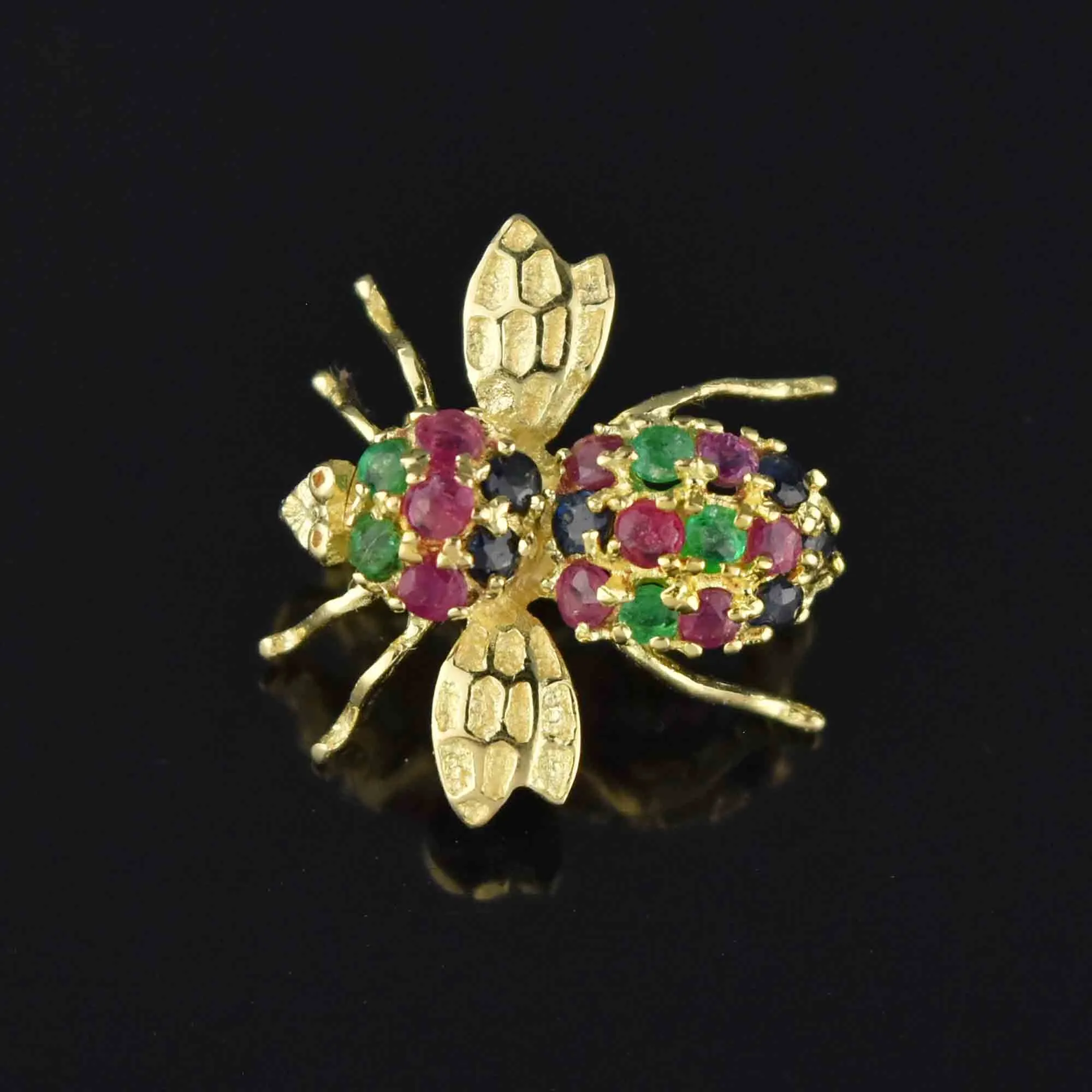 Ruby Sapphire Emerald Bumble Bee Brooch Pendant in 14K Gold