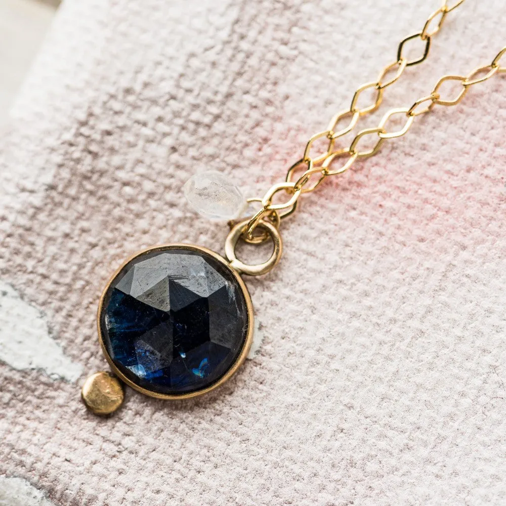 Sapphire Coin Necklace with Moonstone in 14k Gold