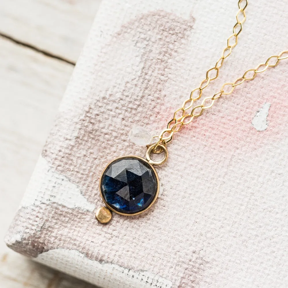 Sapphire Coin Necklace with Moonstone in 14k Gold