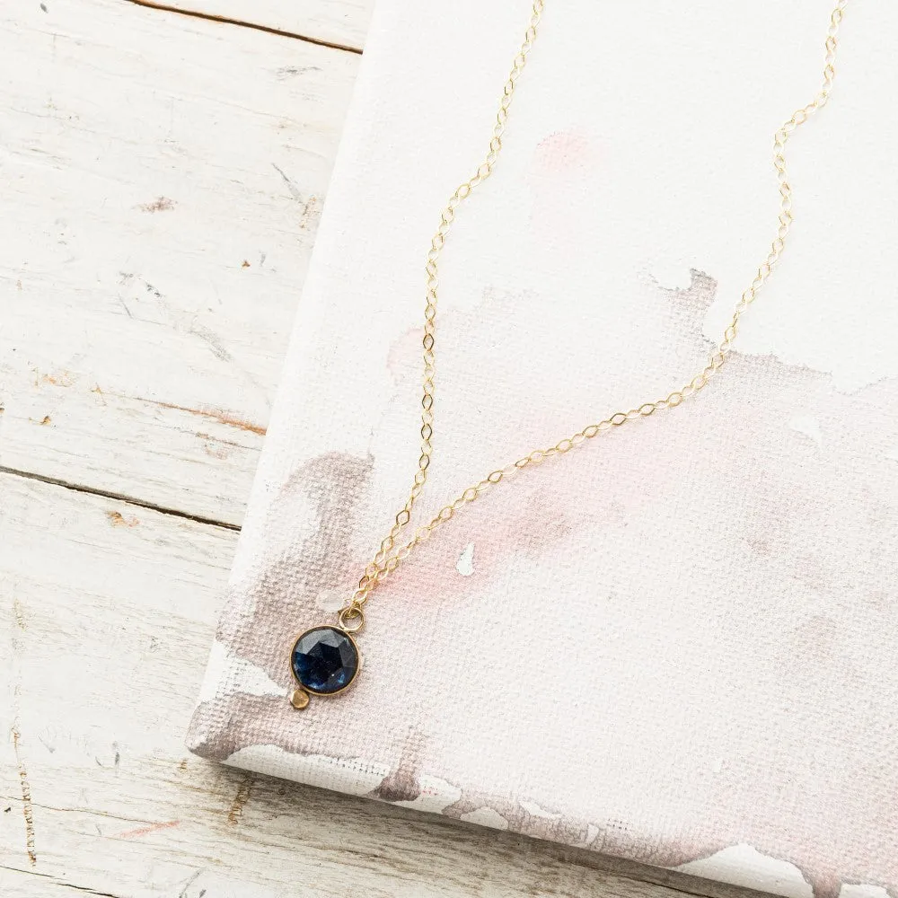 Sapphire Coin Necklace with Moonstone in 14k Gold