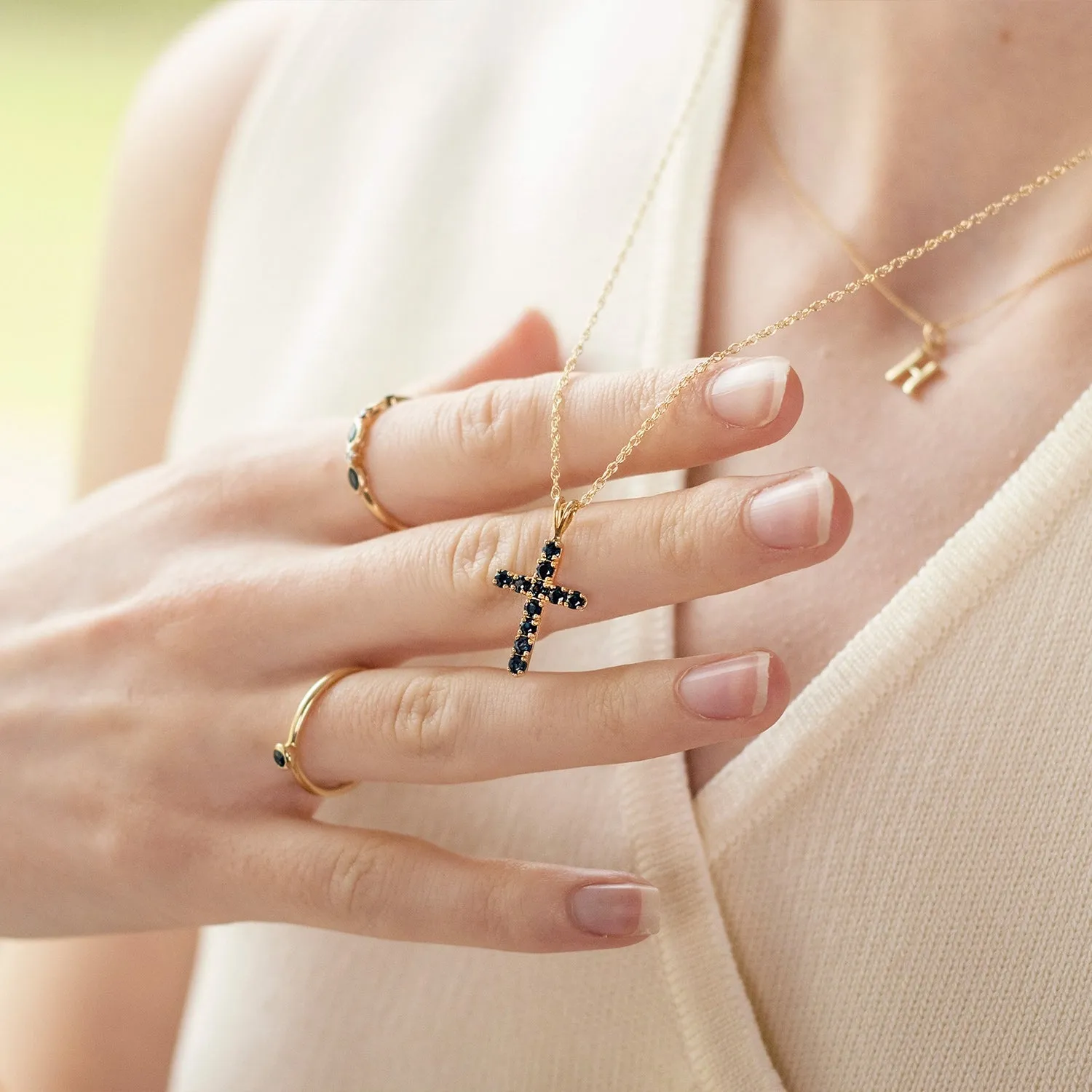 Sapphire Cross Necklace in Solid Gold