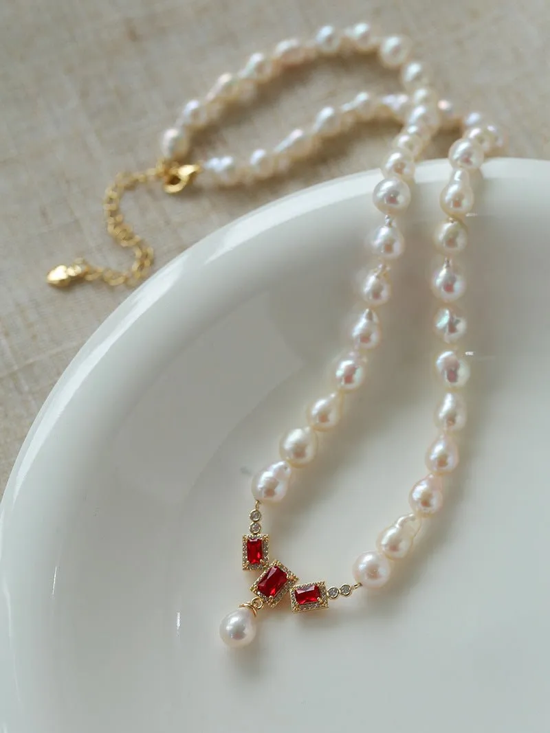 Seiko Ruby Water Drop Pearl Beaded Necklace