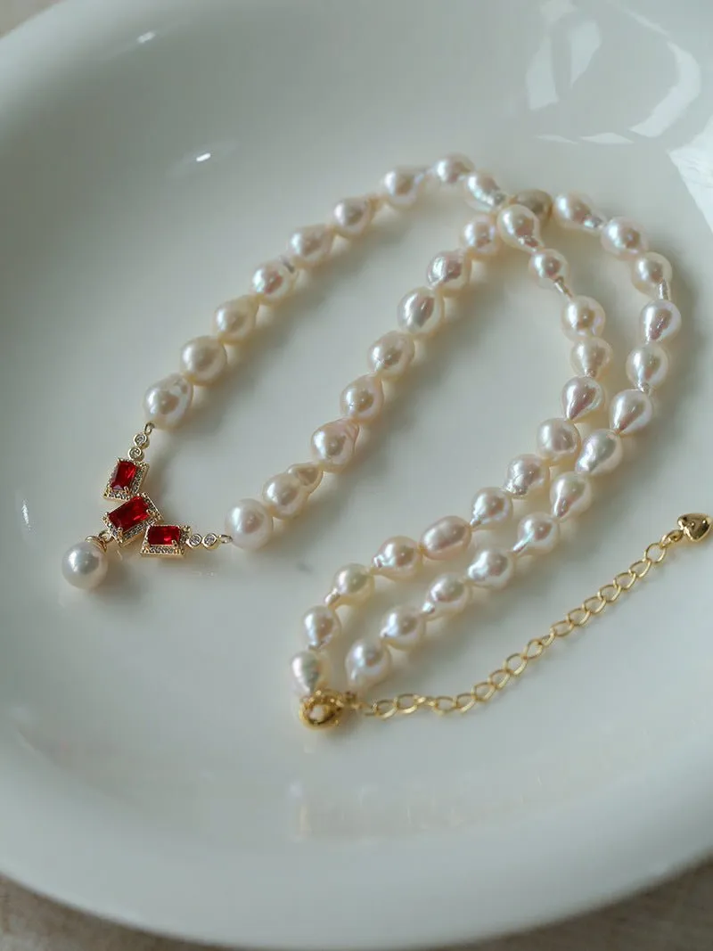 Seiko Ruby Water Drop Pearl Beaded Necklace