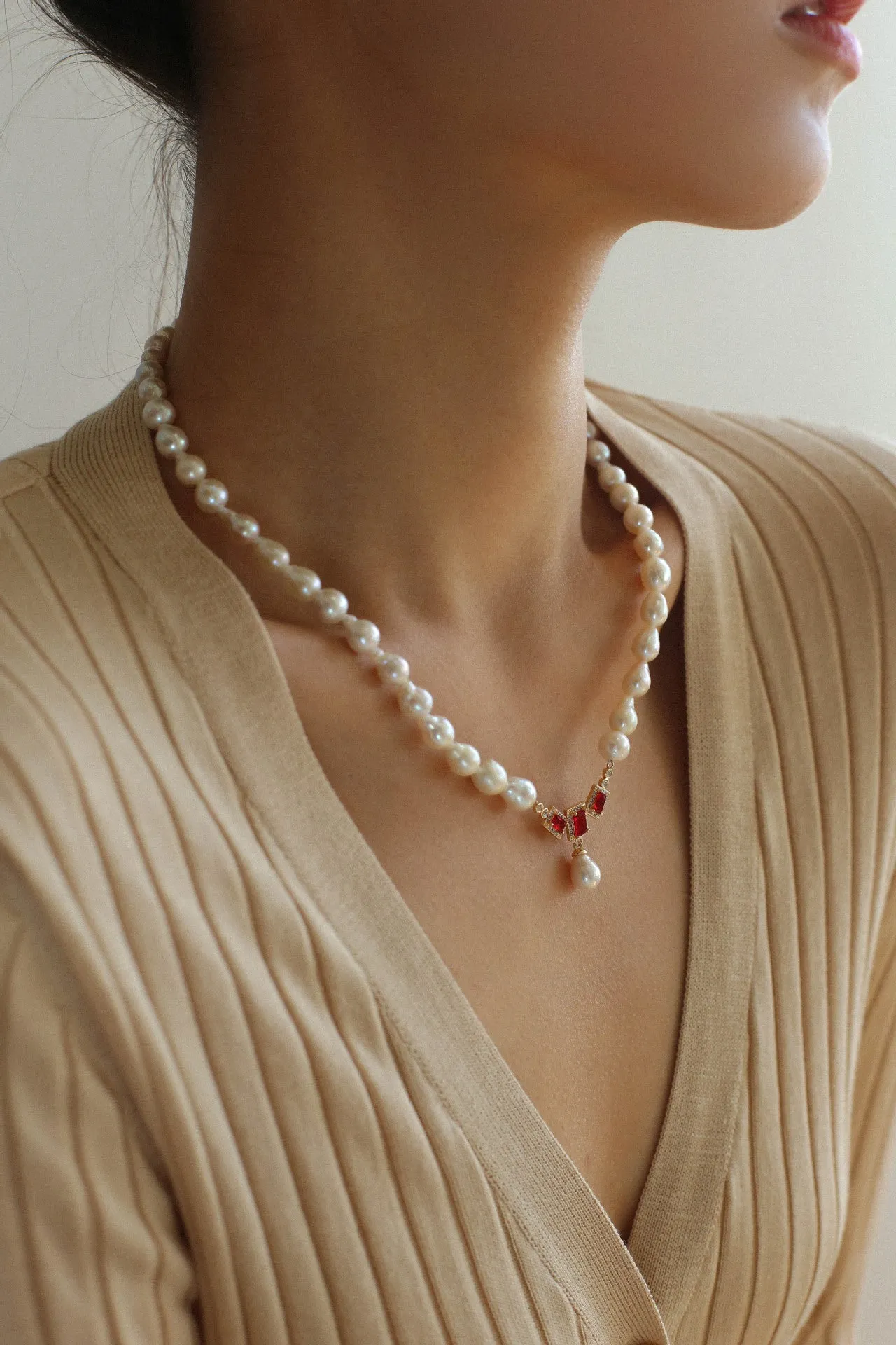 Seiko Ruby Water Drop Pearl Beaded Necklace