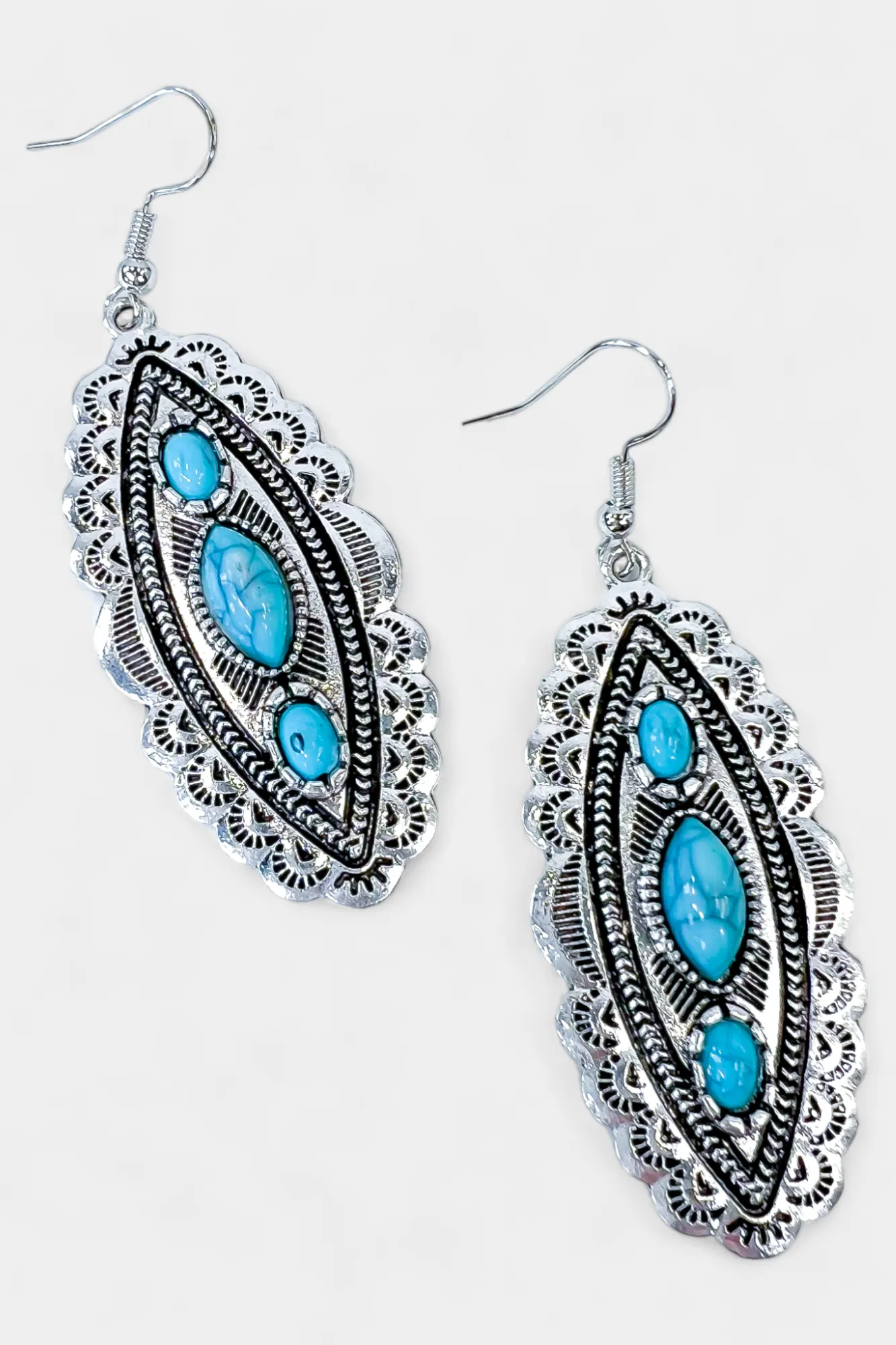 Silver Turquoise Stone Oval Dangle Earrings