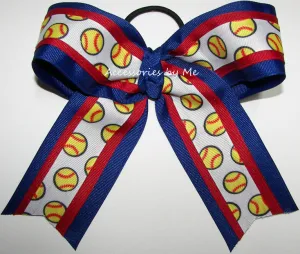 Softball Red Royal Blue Ponytail Bow