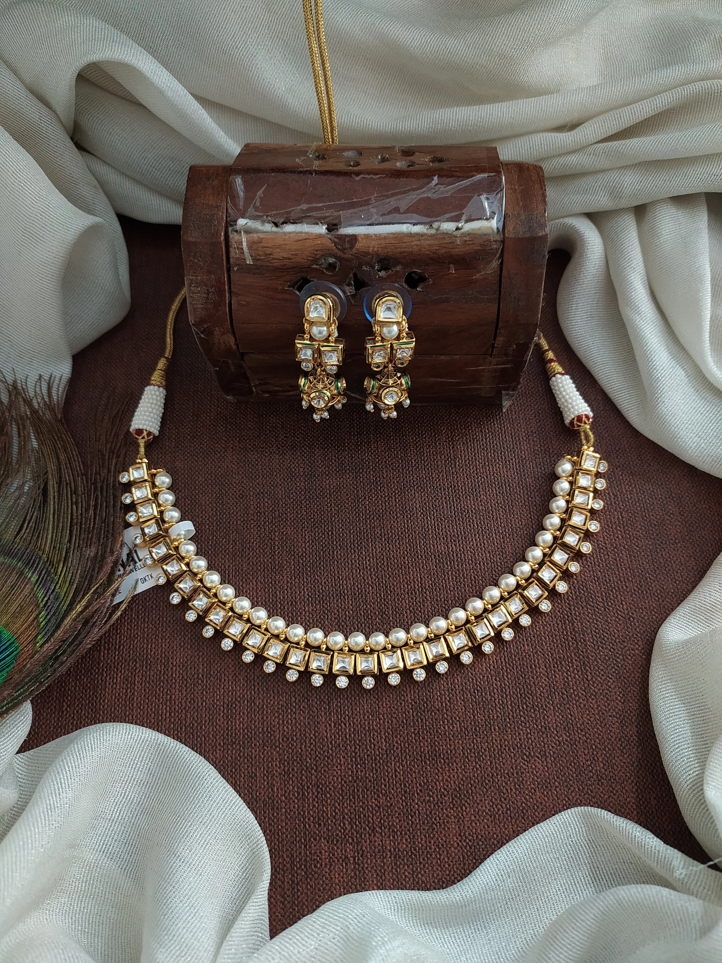 Square Shape Stone & Pearls Polki Kundan Necklace Set