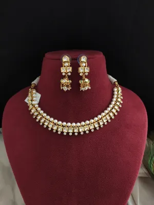 Square Shape Stone & Pearls Polki Kundan Necklace Set