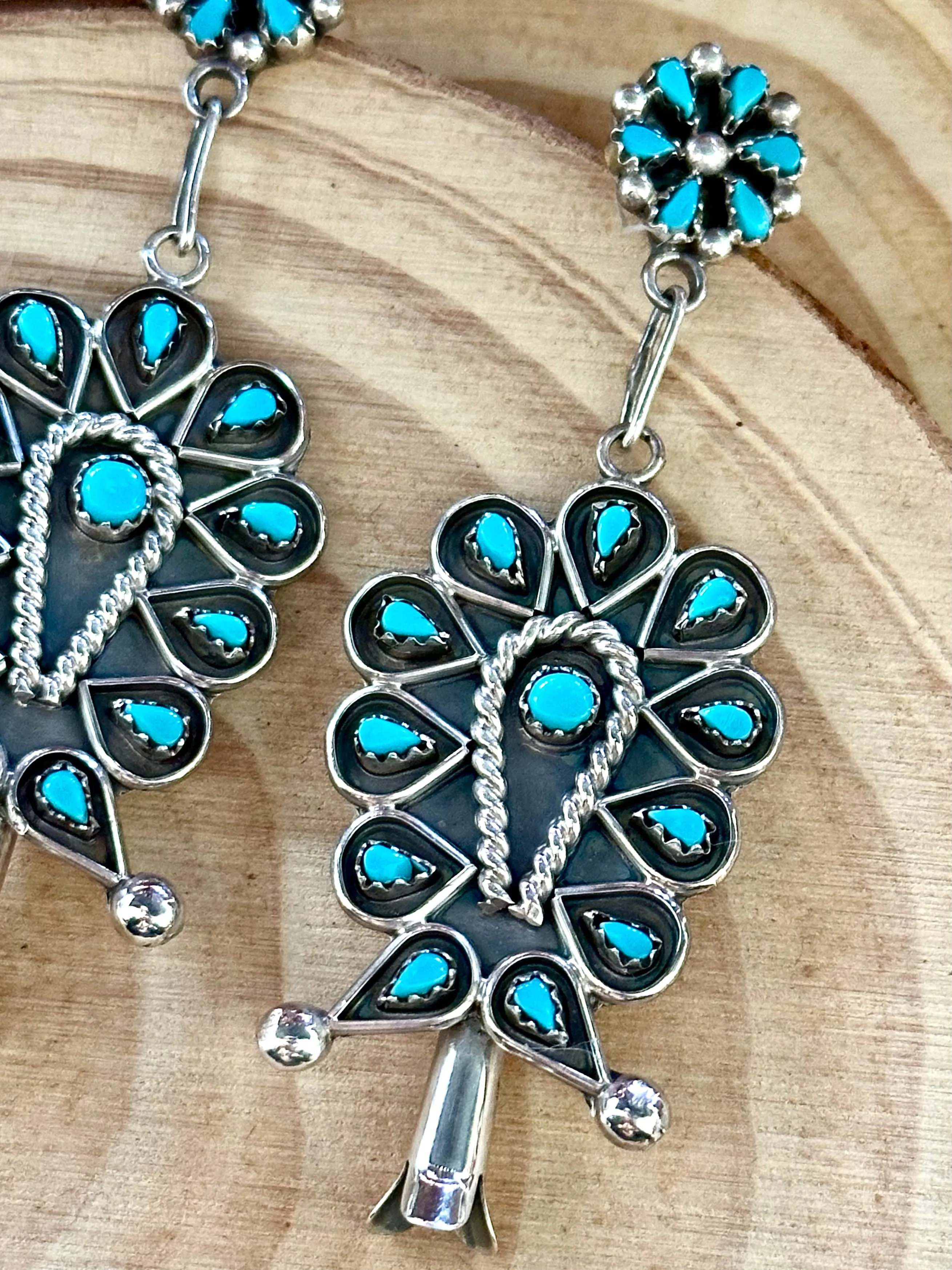 STAR FLOWER Sterling Silver & Turquoise Dangle Stud Earrings Native Made, 14g