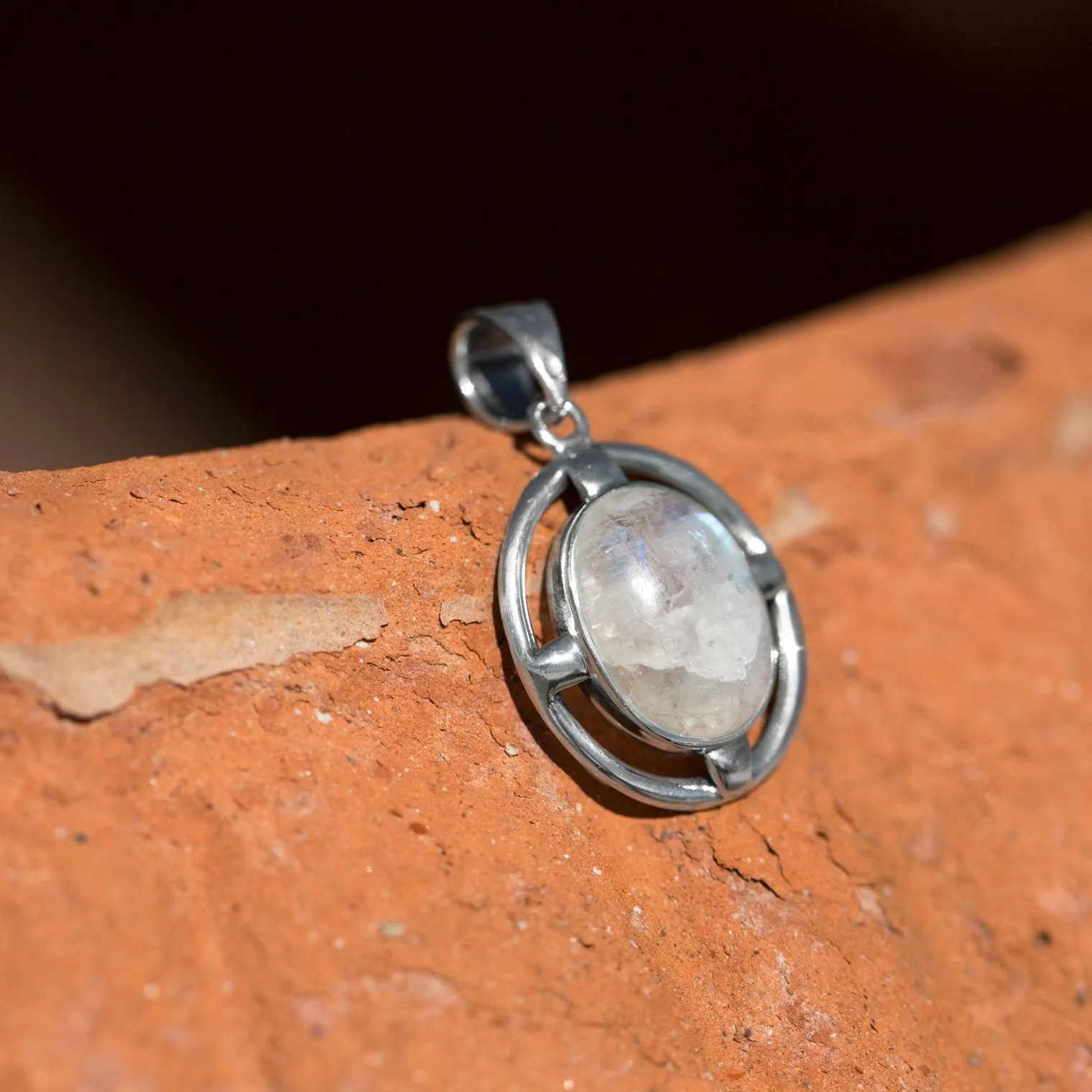 Sterling Silver Oval Rainbow Moonstone Pendant